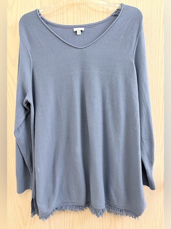 J. Jill Sweaters - J. Jill Dusty Blue V-Neck Fringe Hem Long Sleeve Cotton Sweater